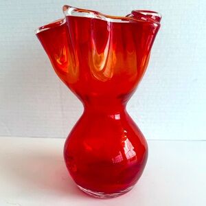 Vintage MCM Amberina Handkerchief Glass Vase Distinctive Red-Orange Colouration